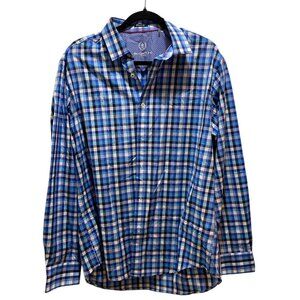 Bugatchi Uomo Classic Fit Blue Plaid Button Down Shirt Long Sleeve Size XL